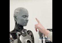 Ameca from Engineered Arts Ltd Arts doesn’t look happy to be bothered by a human