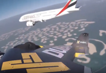 Les jetmen Yves Rossy et Vince Reffet volaient à côté d’un Airbus A380 avec leur jetpack dans le ciel de Dubaï, il y a 7 ans